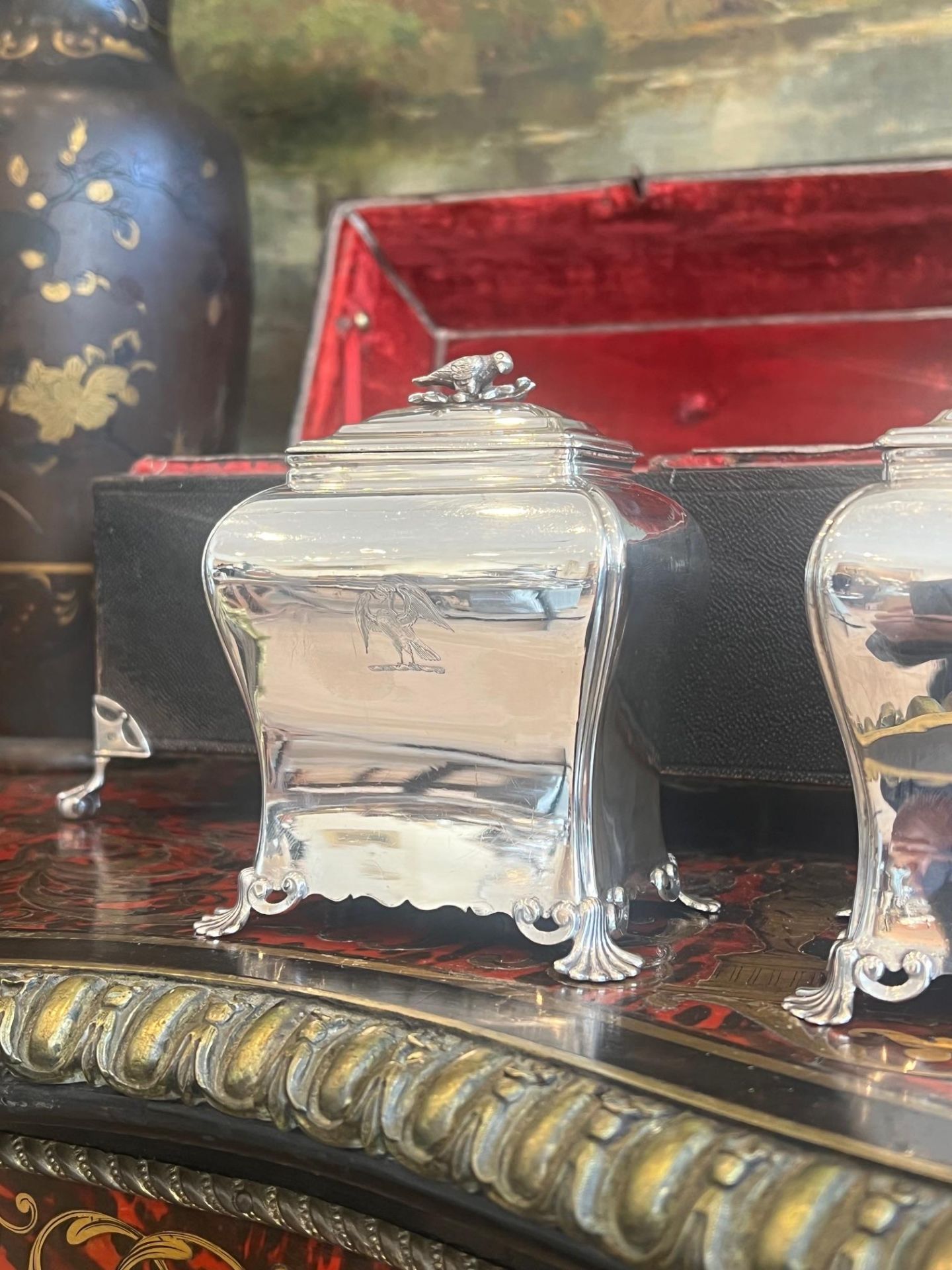 A FINE AND RARE CASED SET OF GEORGE II SILVER TEA CADDIES AND SUGAR BOX, LONDON, 1755, PIERRE GILLOI - Image 12 of 17