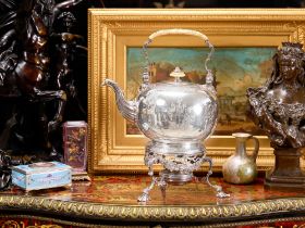 A RARE GEORGE II STERLING SILVER KETTLE ON BURNER STAND, LONDON, 1735, EDWARD POCOCK