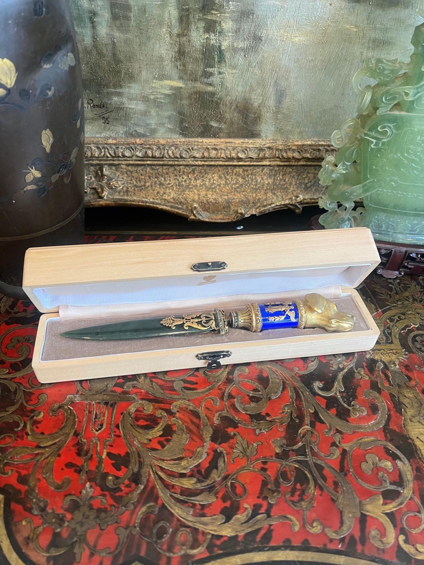 A FABERGE STYLE SILVER GILT, DIAMOND SET, NEPHRITE AND ENAMELLED LETTER KNIFE - Image 5 of 6