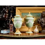 WEDGWOOD: A PAIR OF LATE 19TH CENTURY ORMOLU MOUNTED JASPER WARE VASES AND COVERS