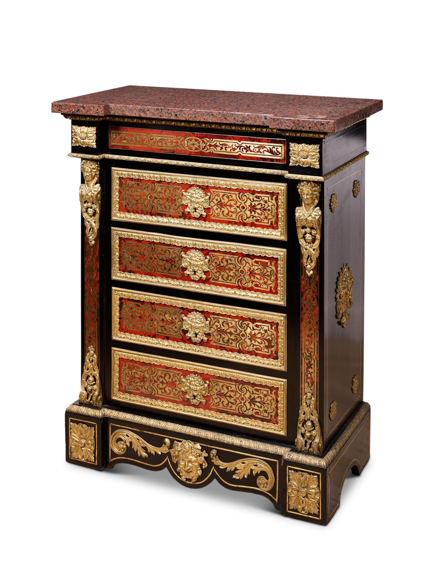 A FINE LATE 19TH CENTURY BOULLE STYLE TORTOISESHELL AND CUT BRASS CHEST OF DRAWERS