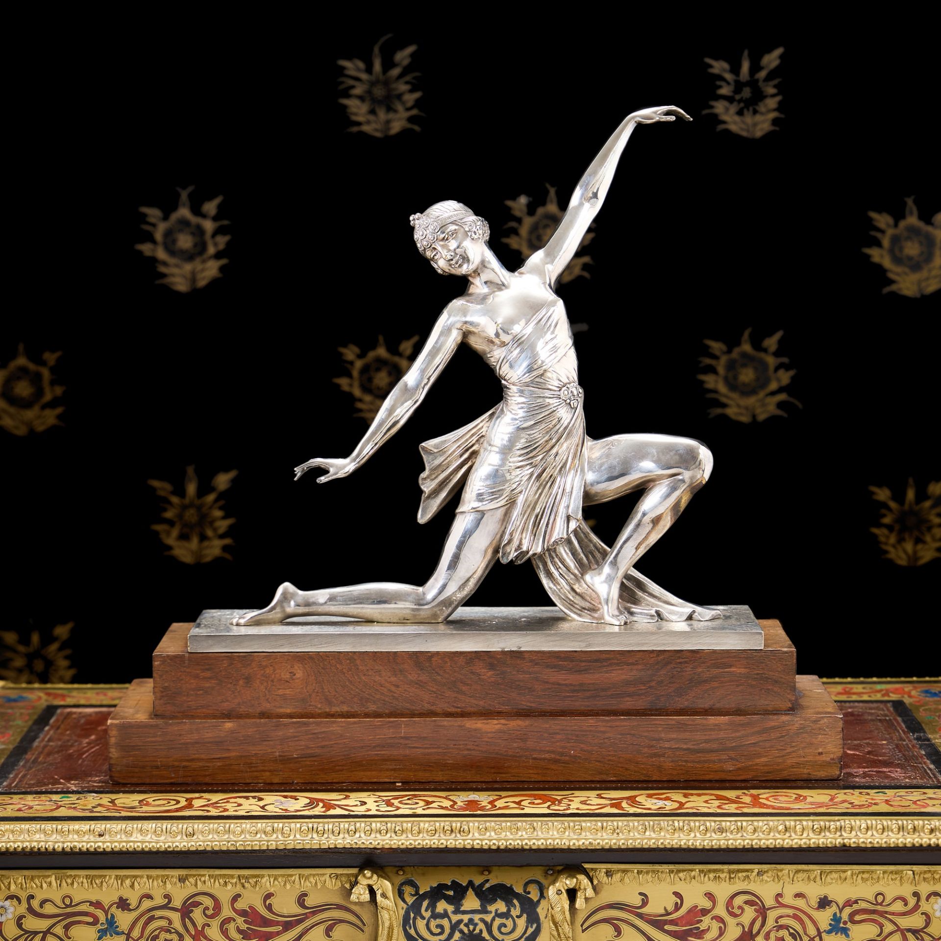 JOE DESCOMPS: A LARGE ART DECO SILVERED BRONZE FIGURE 'THE DANCE' C. 1925