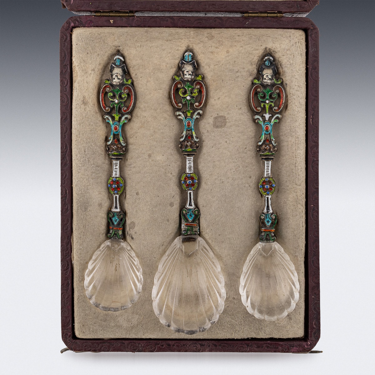 A SET OF THREE 19TH CENTURY VIENNESE SILVER, ENAMEL AND ROCK CRYSTAL SPOONS C.1880 - Image 26 of 37