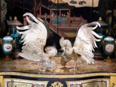 A MONUMENTAL PAIR OF ITALIAN SILVER MODELS OF COCKERELS STAMPED ROSSI