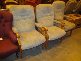 Pair of Modern Wood Frame Lounge Chairs and Another Similar