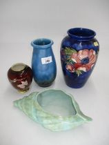 Chipped Moorcroft Vase, Carltonware Vase, Crown Ducal Vase and a Pottery Shell