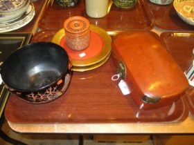 Oriental Lacquer Box, Bowl, Pot and 2 Plates
