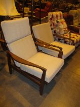 Pair of Mid Century Teak Ladies and Gents Lounge Chairs in the Manner of Zenon Baczyk