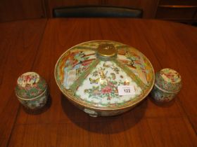Canton Porcelain Bowl with Cover, 25cm diameter, and 2 Small Canton Pots