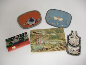 Japanese Mount Fuji Scene Leather Evening Bag and 3 Needlework Purses