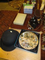 Bowler Hat, Ross 9x35 Binoculars, 2 Books and a Pendelfin Plate