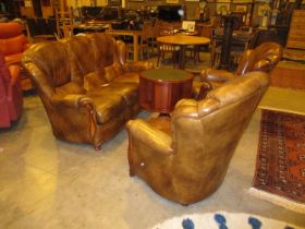 Brown Leather and Show Wood 3 Piece Lounge Suite
