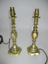 Pair of Victorian Brass Diamond Princess Candlesticks Fitted as Lamps