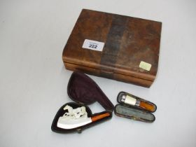 Cigar Box with Meerschaum Pipe and a Silver Mounted Cigar Holder