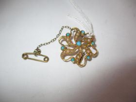 15ct Gold Seed Pearl and Turquoise Brooch, 4.05g