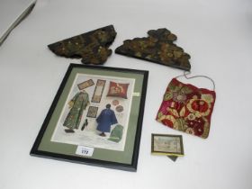 Pair of Victorian Lacquer Wall Brackets, Needlework Purse, a Small Drawing of Church House