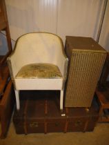 Vintage Trunk, Lloyd Loom Linen Box and a Wicker Chair