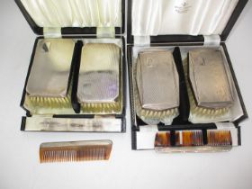 Two Cased Sets of Gentlemans Silver Back Brush and Comb Sets, Birmingham 1940 and 1957