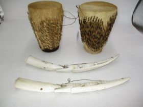 Two Carved Bone Crocodile Ornaments and 2 Bongos