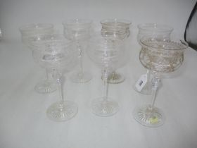 Set of 7 Etched Glass Champagne Coupes