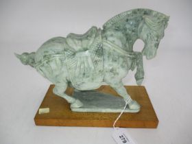 Chinese Carved Stone Horse on Wooden Base, 20cm