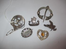 Iona Silver Torque Brooch, Inverness Silver Clan Brooch and 4 Other Brooches