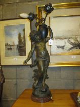 After Aug. Moreau Spelter Figure Lamp Le Ruisseau