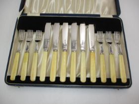 Cased Set of 6 Pairs of Silver and Ivorine Fish Knives and Forks, Sheffield 1935, Maker EV