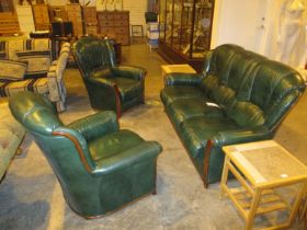 Green Leather and Show Wood 3 Piece Lounge Suite