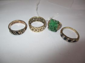 9ct Gold Mourning Ring, 9ct Gold Gem Set Ring, Carved Green Stone Ring and a Pierced Ring, 9.7g