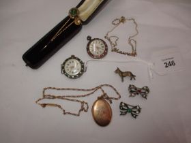 9ct Gold "Maureen" Necklace, 1.5g, Photo Locket with Chain, 3 Brooches, 2 Watches, 15ct Gold Stick