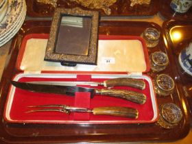 Silver Photograph Frame, Horn Handle Carving Set and 4 Silver Mounted Salts