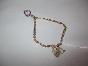 9ct Gold Padlock with Bracelet and Amethyst Charm. 6.6g