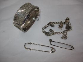 Silver Cuff Bangle and Charm Bracelets along with 2 Kilt Pins