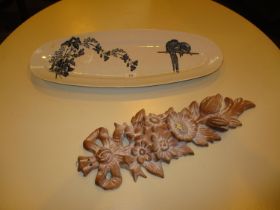 Victorian Longwy Fish Platter and a Floral Moulded Pottery Panel