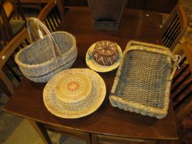 Two Baskets, 2 Woven Dishes and 2 Boxes