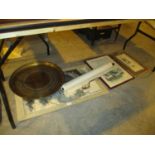 Three Oriental Pictures, a Scroll and a Brass Tray
