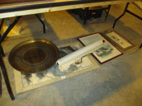 Three Oriental Pictures, a Scroll and a Brass Tray