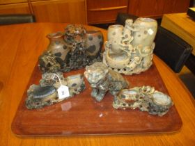 Four Oriental Soapstone Carvings and a Tiger