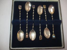 Cased Set of 6 Silver Arts & Crafts Style Spoons having Stone Set Terminals, London 1995, Maker EC