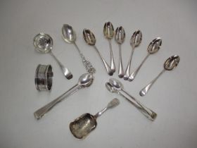 Victorian Silver Caddy Spoons, Other Silver Cutlery and Napkin Ring, 178g