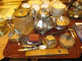 Victorian Silver Plated Tea Pot, Glass Biscuit Barrel, Inkwell, Lighter, Watch etc