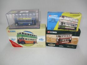 Two Corgi Buses 97336, 43913 and 2 Corgi Trams 36702, 36705
