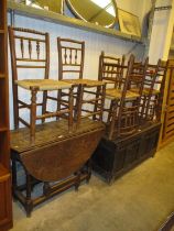 Antique Oak Coffer, Oak Gateleg Table and 6 Rush Seat Chairs