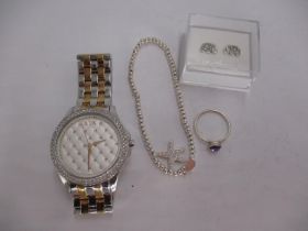 Ladies Armani Exchange Watch, Silver Ring, Earrings and a Bracelet