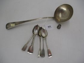 Silver Soup Ladle, London 1910, 6 Georgian Silver Teaspoons and a Silver Thimble, 358g total