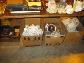 Three Boxes of Ceramics and Glass and a Tray of Cutlery etc