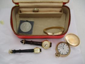 Jewel Box with Gold Plated Pocket Watch, 2 Ladies Watches, Expanding Bangle, Silver Ring and 1953