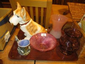 Sylvac Dog, Pottery Donkey, 2 Glass Vases and Dish