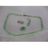 Green Hard Stone Necklace and 2 Pairs of Earrings